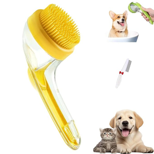 Pets Bath Brush, Soft Silicone Deep Cleaning Scrubber with Built-In Shampoo Dispenser, 2 in 1 Dog Grooming Massage Brush for Dogs Cats (Yellow)