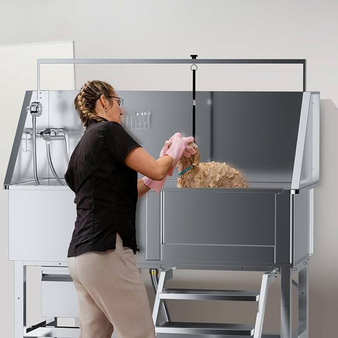 46" Dog Washing Station, Professional Stainless Steel Dog Bathtub w/Ramp & Storage Drawer, Adjustable Grate, Non-Slip Design, Home Grooming & Large Dogs (Right Stair)