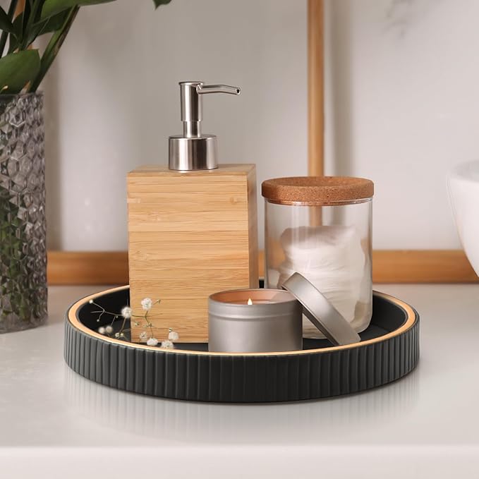 SANZIE Leather Desktop Storage Organizer Premium Serving Tray for Sundries, Cosmetics, Phone, Wallet, Cutlery - Decorative Valet Tray, Black