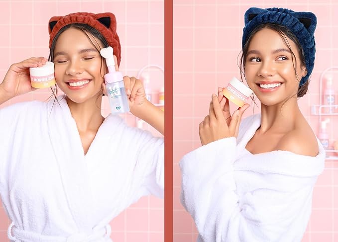 Huachi 2 Packs Cute Cat Spa Headband for Washing Face Makeup Skincare, Animal Headbands for Women Girls Trendy Stuff Gifts Soft Coral Fleece Facial Wash Hair Accessories (Blue + Red)