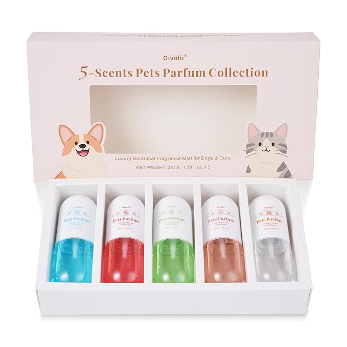 Dog Cologne & Pet Perfume Gift Set – 5 Long Lasting Scents for Dogs & Cats – Natural, Alcohol-Free Pet Fragrance – Safe Deodorizing Grooming Mist for Puppies & Kittens