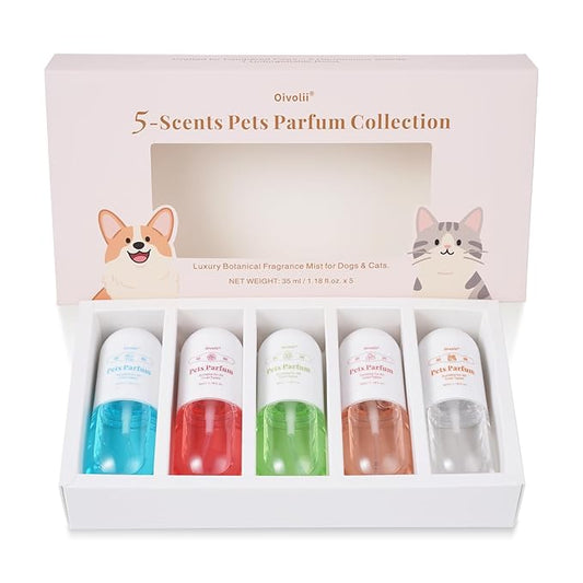 Dog Cologne & Pet Perfume Gift Set – 5 Long Lasting Scents for Dogs & Cats – Natural, Alcohol-Free Pet Fragrance – Safe Deodorizing Grooming Mist for Puppies & Kittens