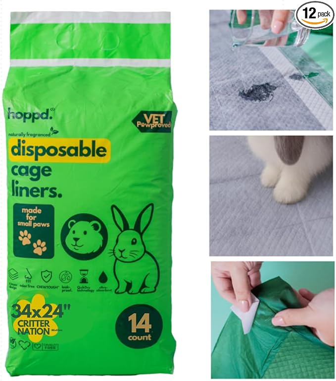 Hopp'd™ Disposable Cage Liners for Guinea Pigs, Rabbits, Ferrets & Small Pets - Ultra Absorbent Bunny Pee Pads with Bamboo Odor Control; Guinea Pig Bedding (34"x24" Critter Nation) | 14 Count