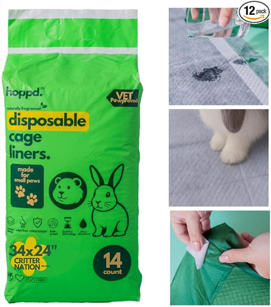Hopp'd™ Disposable Cage Liners for Guinea Pigs, Rabbits, Ferrets & Small Pets - Ultra Absorbent Bunny Pee Pads with Bamboo Odor Control; Guinea Pig Bedding (34"x24" Critter Nation) | 14 Count