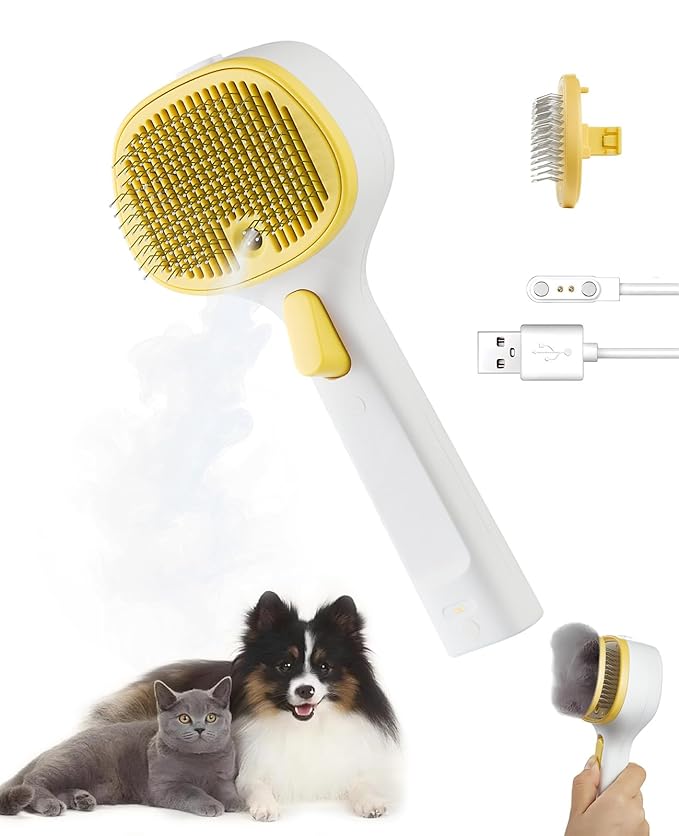 3-in-1 Anti-static Cat Steam Brush (Yellow - Long head - With spray)