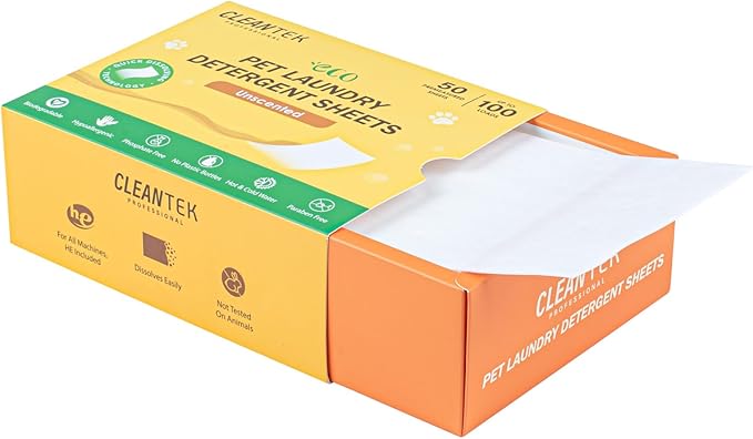 Restaurantware-Clean Tek Professional Detergent Laundry Sheets 50 Pet Cloth Laundry Soap Sheets-Up to 100 Loads, Hypoallergenic, Garment Cleaning Detergent Strips, Suits All Fabrics and Temperatures