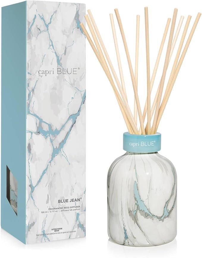 Capri Blue Reed Diffuser Set - Modern Marble Oil Diffuser, Sticks & Aroma Oil - Air Freshener for Home Decor - Blue Jean Scents (5.7 fl oz)
