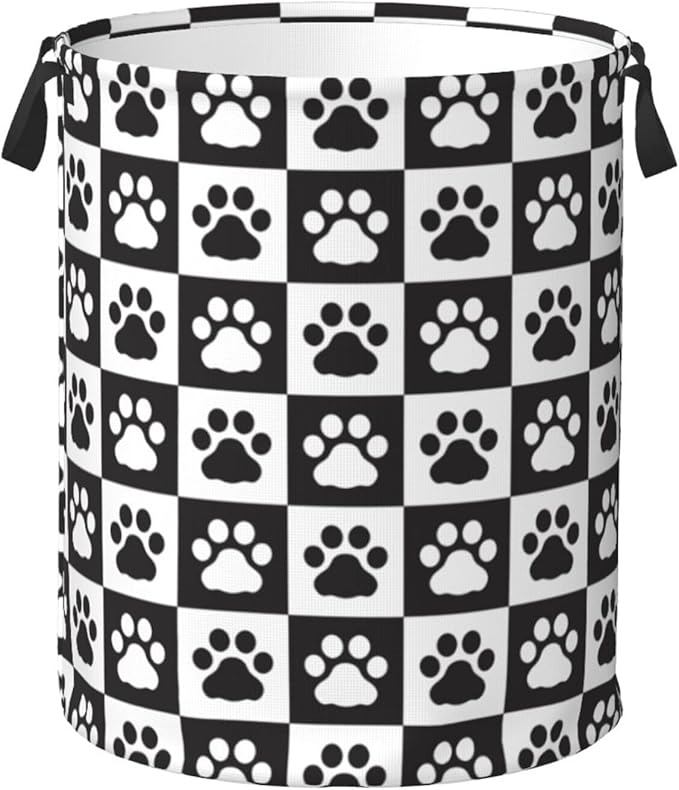 Black And White Dog Paws Laundry Hamper Bag With Waterproof Liner - Checkered Round Laundry Basket Foldable Clothes Storage Organizer For Bathroom Bedroom Nursery Dorm, S-16.5"X 13.8"