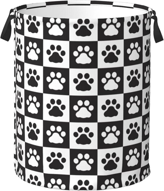 Black And White Dog Paws Laundry Hamper Bag With Waterproof Liner - Checkered Round Laundry Basket Foldable Clothes Storage Organizer For Bathroom Bedroom Nursery Dorm, S-16.5"X 13.8"