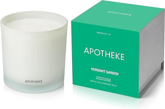 Apotheke 3-Wick Scented Candles for Home, Verdant Garden - 26 oz Soy Wax Jar Candle Gift for Women - Long-Lasting Fragrance with Perfume-Grade Essential Oils - Cedarwood, Jasmine, Fig & Coconut