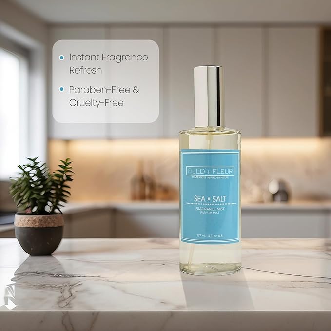 FIELD FLEUR Natural Room and Linen Spray, Non-Toxic Fragrance Mist with Lemon, Jasmine & Rosewater – Long-Lasting Room Spray for Home, Bedding, Pillow, Sheets – Made in USA, 4oz - Sea Salt