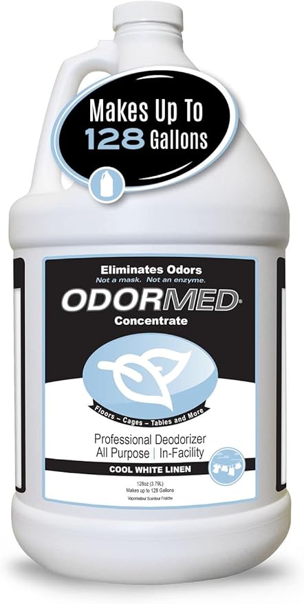 ODORMED Odor Eliminator Concentrate – Pet Odor Eliminator for Strong Odor on Floors, Walls, Cages & More – All-Purpose Carpet Deodorizer w/Safe, Non-Enzymatic Formula (1 Gal, Cool White Linen)
