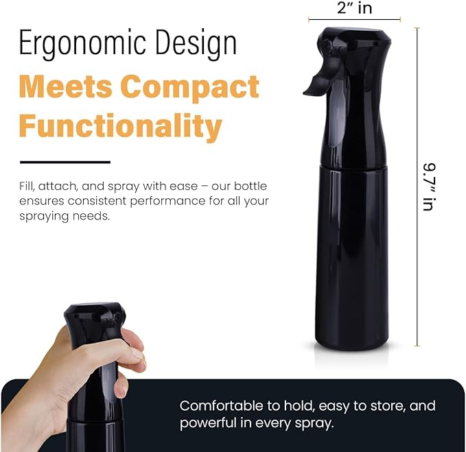 VIGOR PATH Continuous Spray Bottle for Hair – Fine Mist Mister for Hairstyling, Cleaning, Plants, Pets, Barbers, Salons, and Essential Oil Applications (300ml/10.1 oz) Black