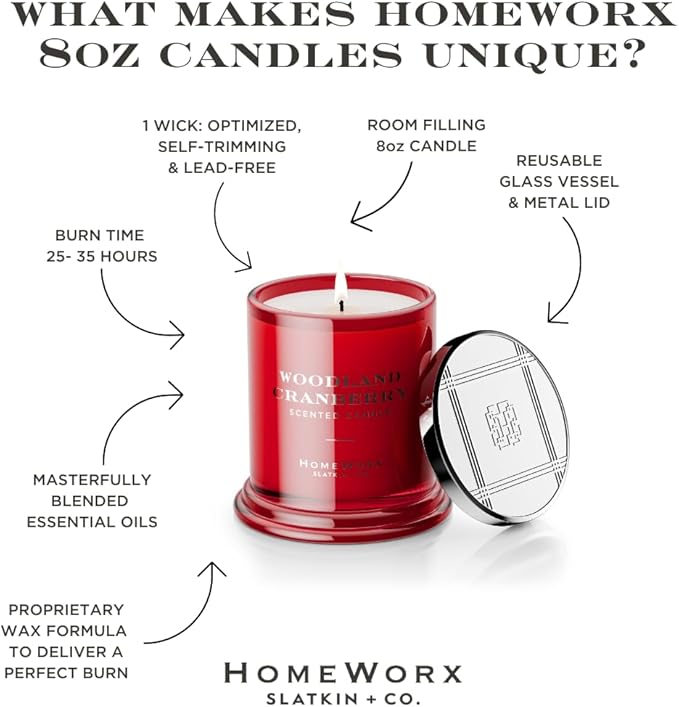 HomeWorx by SLATKIN + CO. Candle- Woodland Cranberry, 8 oz. Premium Scented Candle - 25-35 Hours Burn Time