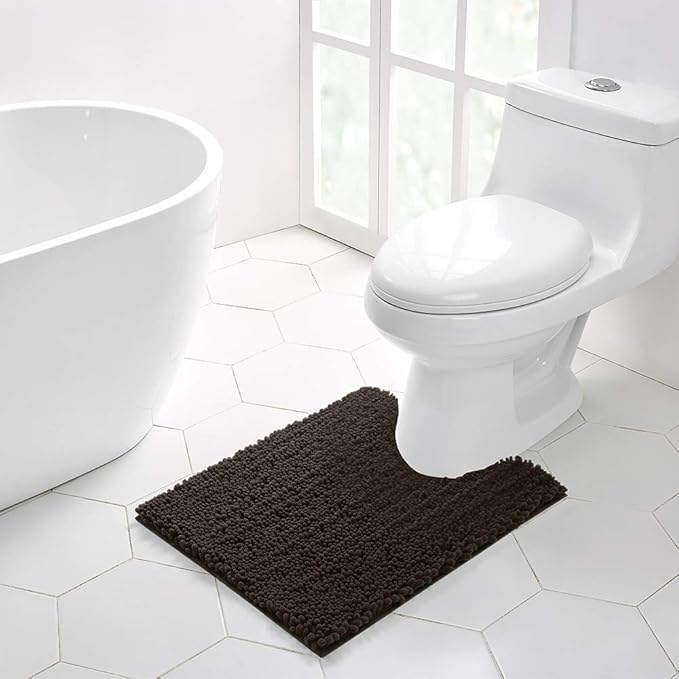 Walensee Bathroom Contour Rug Non Slip Toilet U Shaped Bath Mat (20x24, Brown) Water Absorbent Super Soft Shaggy Chenille Machine Washable Dry Extra Thick Perfect Absorbant Best Plush Carpet