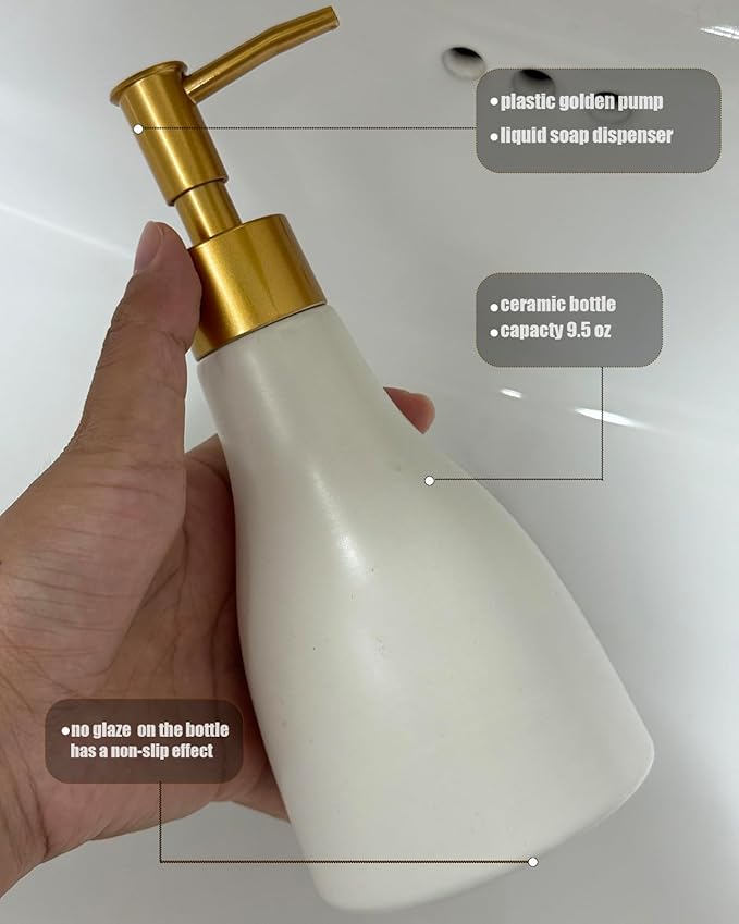 280ml Liquid Soap Dispenser for Bathroom with Gold Pump,Dish Dispenser for Kitchen,Refillable Countertop Lotion Dispenser, Ceramics White Hand Soap Dispenser(Cone White Bottle)