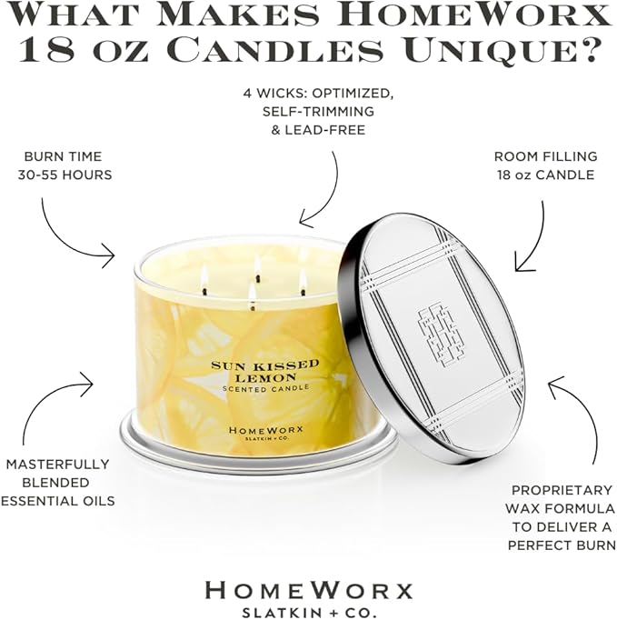 HomeWorx by SLATKIN + CO. Candle- Sun Kissed Lemon, 18 oz. 4-Wick Premium Scented Candle - 30-55 Hours Burn Time