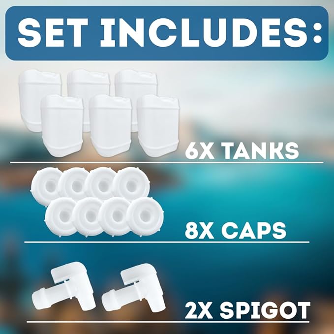 5-Gallon Stackable Water Storage Containers, 5 Gallon Tanks w/8 Lids + 2 Spigots, Easy Fill, Survial Supply Emergency Water Storage for Camping and Disaster Preparedness, RV, 6 Tank, (30 Gallon)