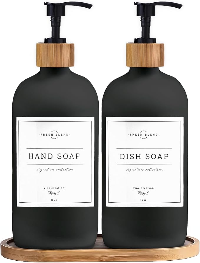 Vine Creations Glass Soap Dispenser Set - Kitchen Soap Dispenser Set with Tray - Bamboo Dish Soap and Hand Soap Dispensers Set for Bathroom - Black Kitchen Decor with Waterproof Labels