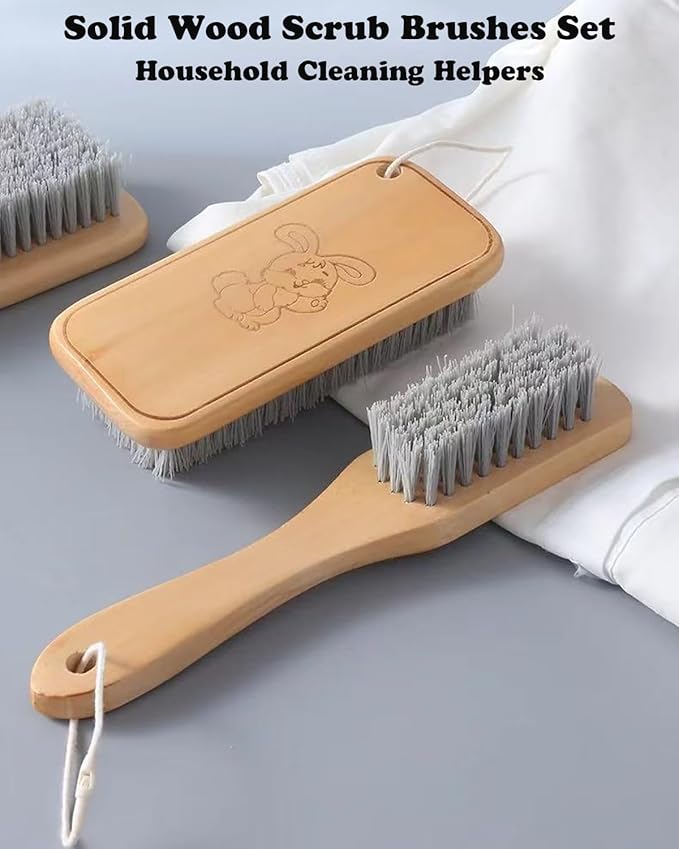 Scrub Cleaning Brush for Stains -Wood Handle Scrubbing Brushes,Cleaning Scrubber Brush for Fabric,Carpet,Clothes,Bathroom,Long Handle Cleaner Brush for Sneakers, Tennis, Canvas & More-2Pack