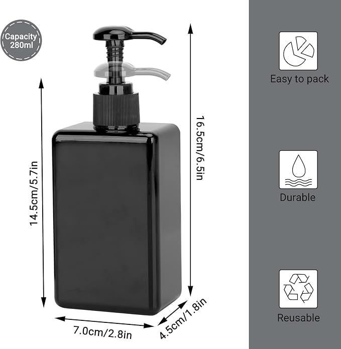 Suream Empty Shampoo Bottles with Pump, 3Pack 9.5oz/280ml Refillable Body Wash Dispensers for Shower, Black Plastic Countertop Soap Bottle for Bathroom, Kitchen Sink, Hotle, Salon