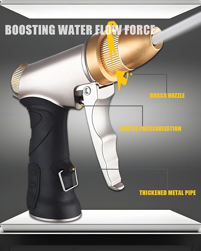 Heavy Duty High Pressure Hose Nozzle, All Metal Brass Adjustable Spray Nozzle for Garden, Car Washing & Pet Showering, Spray Modes - Jet Sprayer for Water Hose