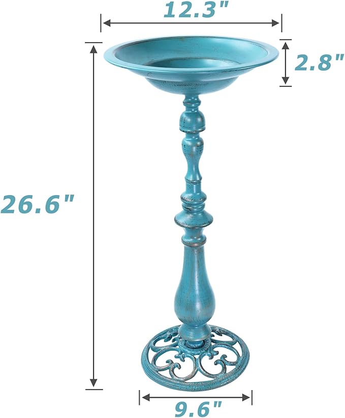 26.6”H×12.3" W Cast Iron Pedestal Bird Bath，Metal Birdbaths Bird Feeder Seed Tray for Garden Yard Decor -Blue.