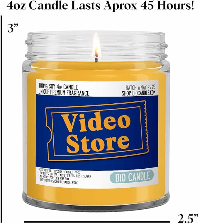 Video Store Scented Candle - Smells Like Popcorn, Carpet, VHS Tapes - 100% Naturally Vegan Soy and Premium Fragrance | Great Gift | Recyclable Glass Jar | Handmade in Denver, Colorado (4oz Glass Jar)