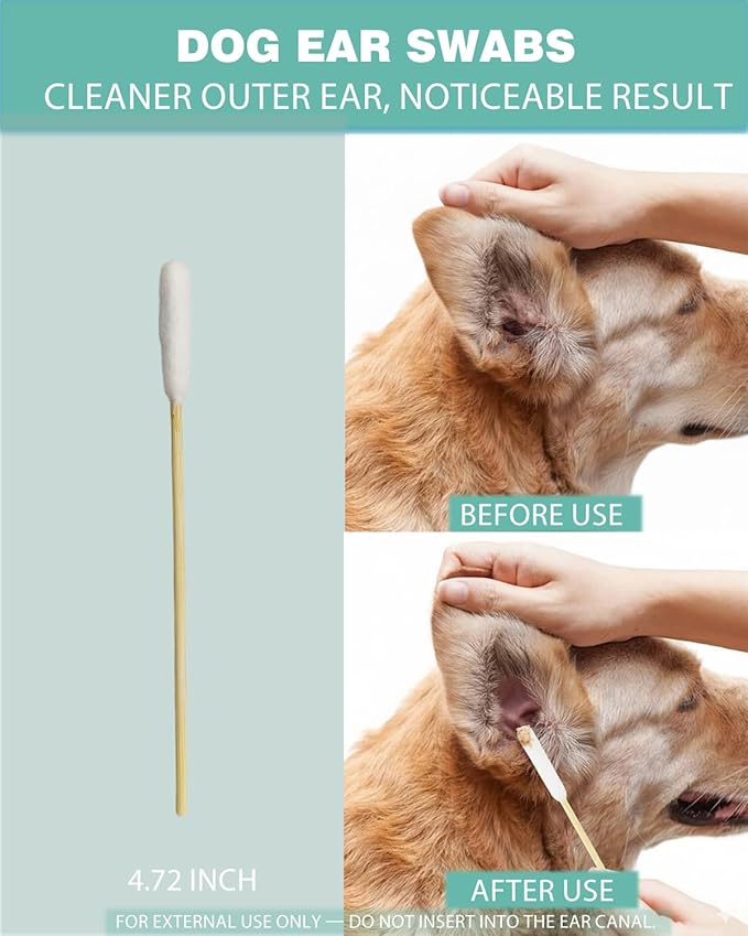 Dog Ear Swabs, 200 Count – 4.72 Inch Cotton Tips for Dogs Ears, Large Bamboo Cotton Swabs with Lint-Free Absorbent Heads for Pet Ear Cleaning, Works with Dog Ear Cleaner, Clear Storage Box