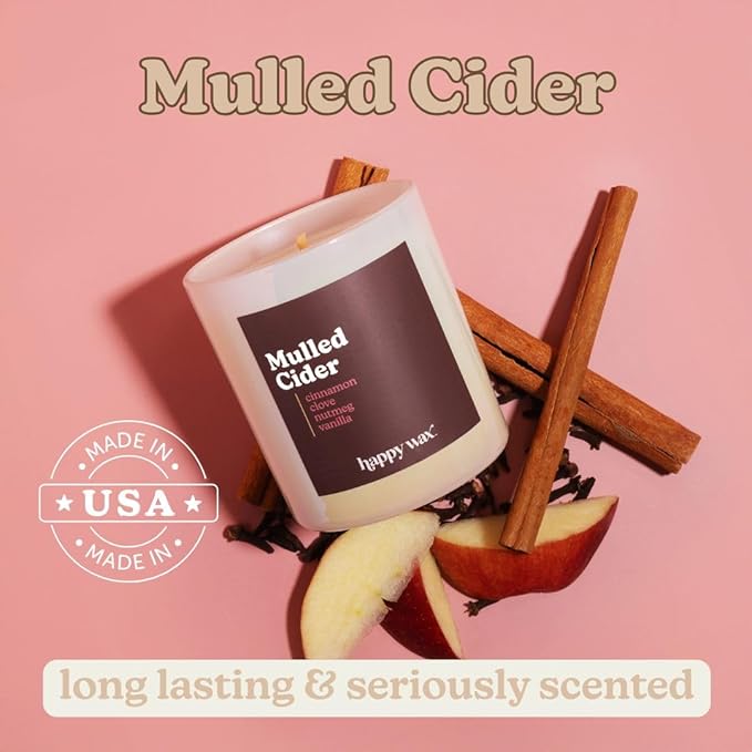 Happy Wax Mulled Cider All Natural Soy Wax 1 Wick Premium Scented Candle, Infused with Essential Oils, Long Lasting 30+ Hours of Burn Time