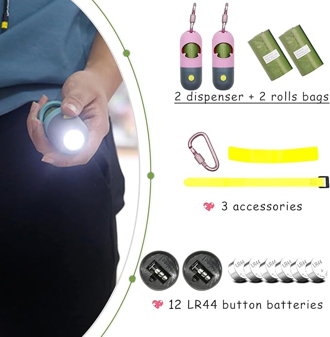 2 Pack Poop Bag Holder with Flashlight Waste Bag Dispenser for Leash with Clip and Battery Poop Bag Dispenser with Green Scented Poop Bags for Dog Walking(Pink,2 Dispenser 60 Bags)