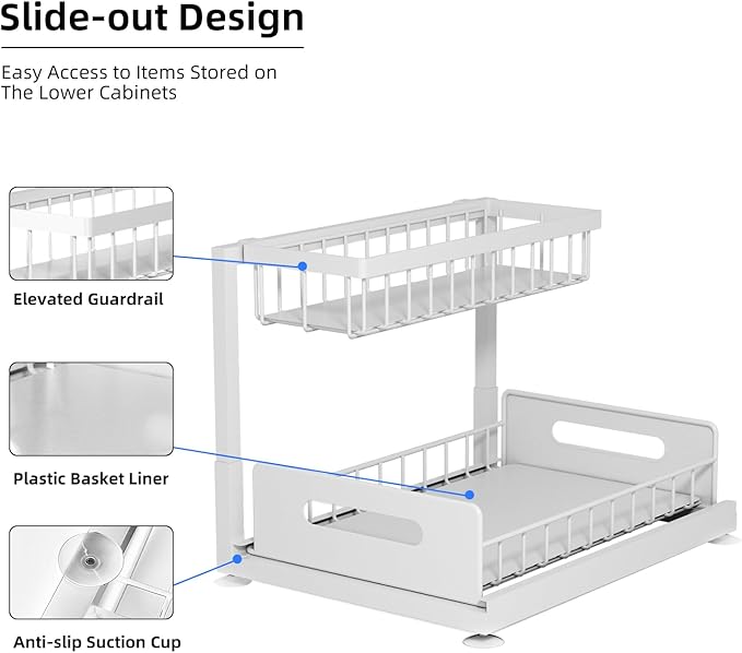 2-Tier Under Sink Slide Out Organizer, 2 Pack Pull Out Cabinet Storage Shelf with Sliding Wire Basket Drawer for Bathroom Kitchen, Countertop or Pantry Shelf, White