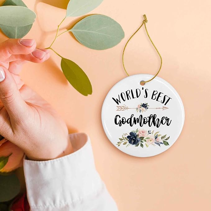 World's Best Godmother Ceramic Ornaments Gifts, Godmother Round Hanging Ornament Decor Decorations for Christmas Tree Car, Thank You Appreciation Gifts for Godmother Birthday Holiday