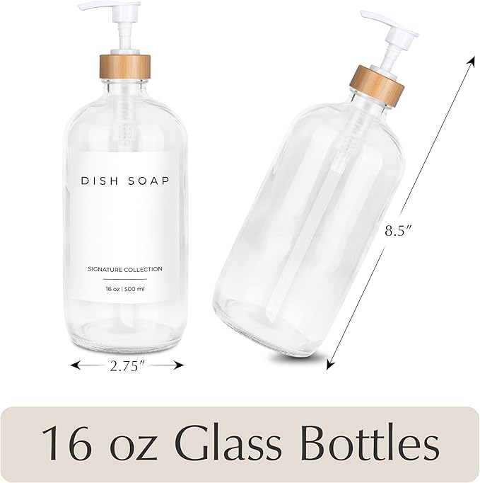 Emerson Glass Soap Dispenser Set - 16 Oz, 2 Pack with Pump and Labels for Kitchen and Bathroom