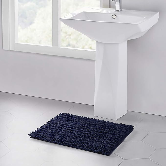 Walensee Bathroom Rug Non Slip Bath Mat (24x17 Inch Navy) Water Absorbent Super Soft Shaggy Chenille Machine Washable Dry Extra Thick Perfect Absorbant Best Small Plush Carpet for Shower Floor
