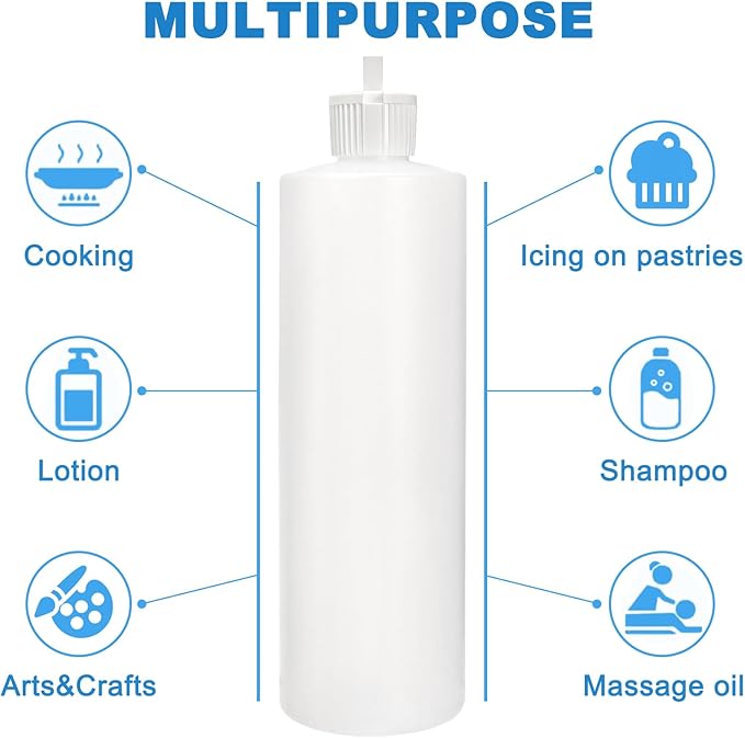 Bekith 12 Pack 16oz Plastic Squeeze Bottle with 24 Caps in 2 Styles, Refillable Plastic Bottles for Shampoo, Lotions, Liquid Body Wash, Sauce, BPA Free