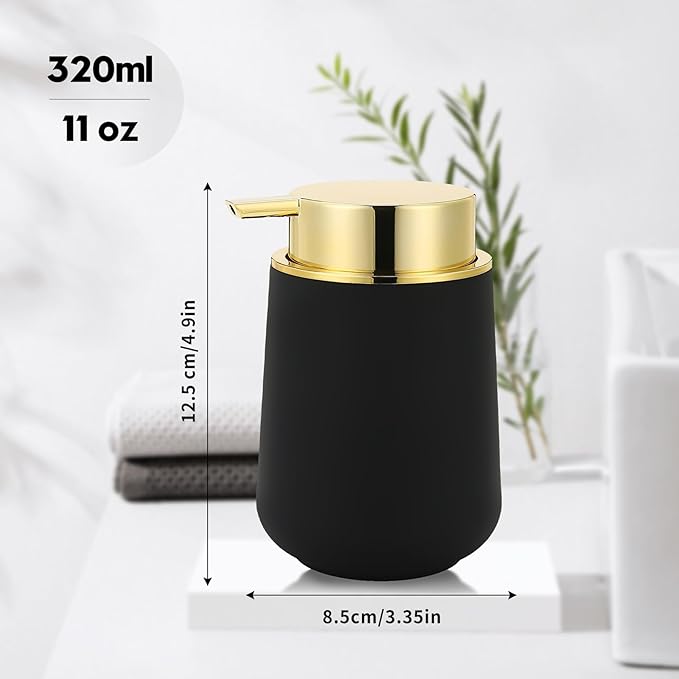 Matte Black and Gold Liquid Hand Soap Dispenser Plastic 11 oz - Modern Luxury Style for Bathroom & Kitchen Countertop Refillable
