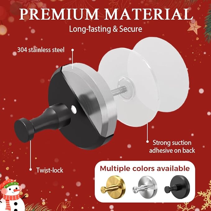 2025 New Suction Cup Hooks for Wreaths, Upgraded No Drill Suction Cup Wreath Hanger, Waterproof Suction Cup Wreath Holder Towel Hooks for Window Bathroom Mirrors Shower (4, Black)