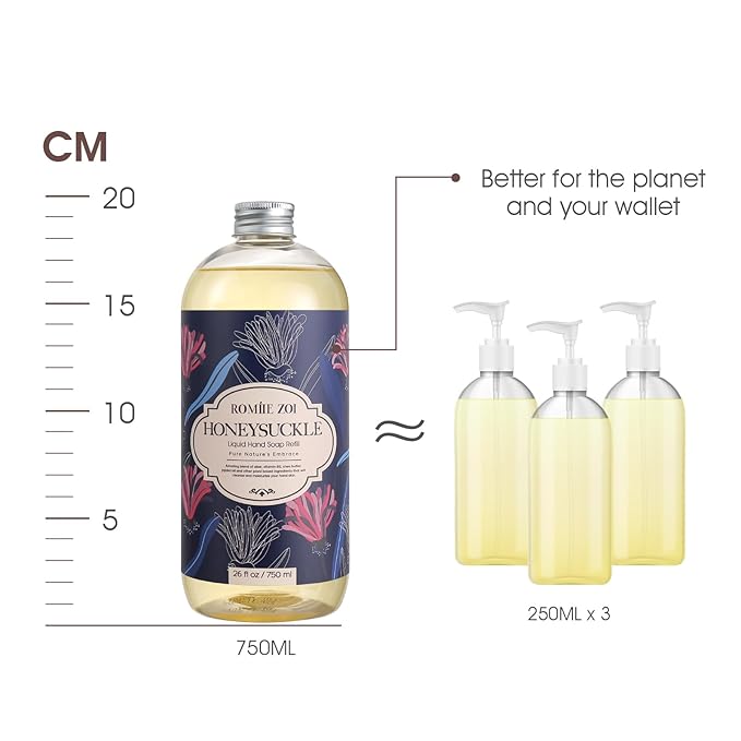 ROMIIE ZOI Liquid Hand Soap Refill Gift Set – Honeysuckle Scent, 3 Pack (26 Fl Oz Each), Cruelty-Free, Biodegradable & Gentle Formula for Sensitive Skin, Kitchen, Bathroom & Dispenser