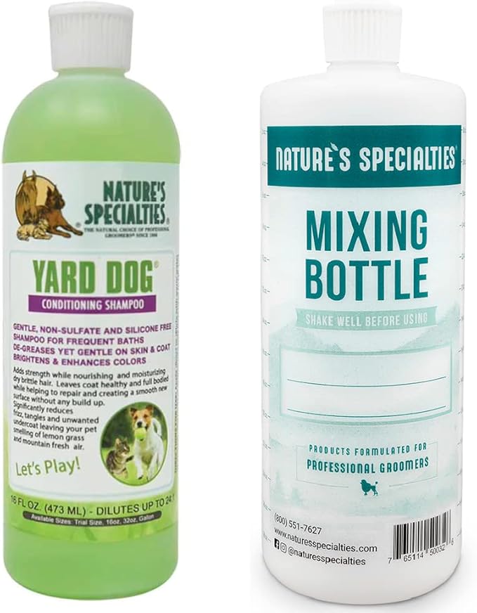 Nature's Specialties Mixing Bottle and Dog Shampoo Conditioner Concentrate Bundle, Easy to Read Measurements Mixing Bottle 32 oz, Yard Dog Dog Shampoo Conditioner Concentrate 16 oz