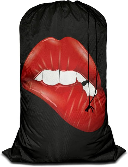 Swono Sexy Red Lip Laundry Bags With Drawstring XL Travel Storage Bags 28"x40", Heavy Duty Multi Use, White Teeth Washable Dirty Clothes Organizer, Easy Fits Laundry Hamper Basket, Oxford Cloth, Black