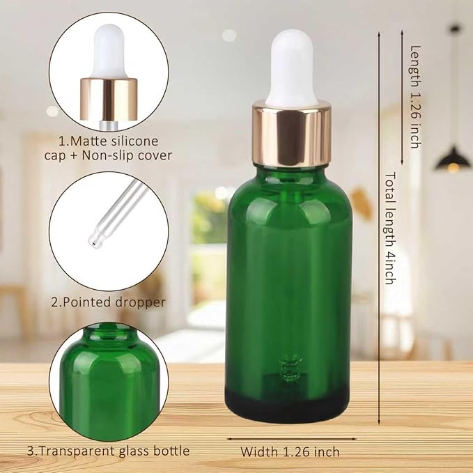 1 oz Dropper Bottles for Essential Oils，12Pack Green Glass Bottles with Glass Eye Dropper Leak Proof Travel Dispenser Bottle for Essential Oils,tincture, Aromatherapy, Chemistry Lab Chemicals