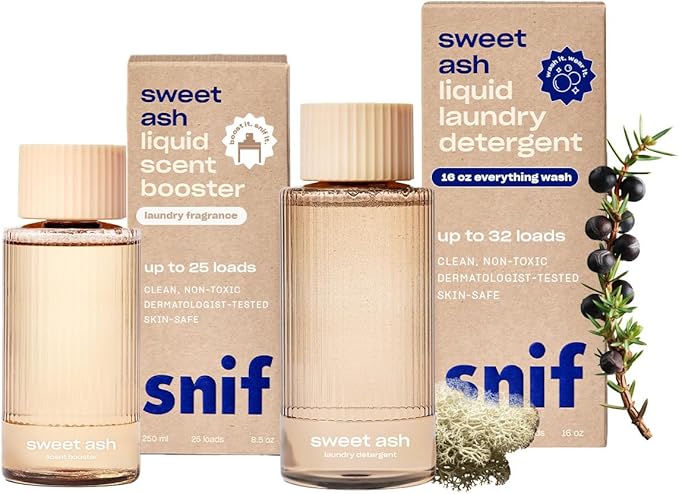 Snif Sweet Ash Laundry Detergent & Scent Booster Starter Pack – Long-Lasting Woodsy Amber Scent, Premium Non-Toxic Laundry Set, HE Safe, Non-Irritating (16oz + 8.5oz)