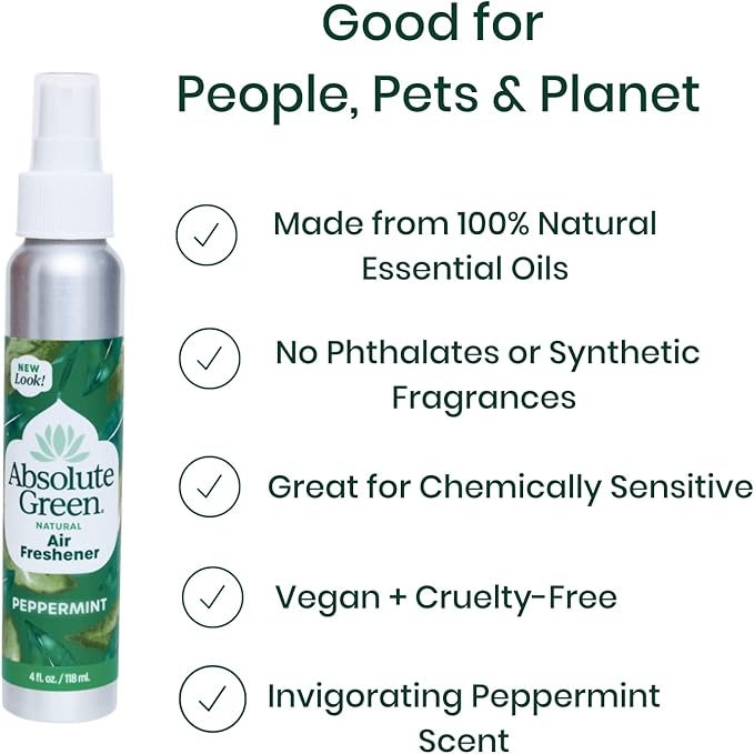 Absolute Green Air Freshener Room Spray, Covers Odors, Non-Toxic, Safe around Kids +Pets, Natural Peppermint Scent 4oz (Pack of 1)