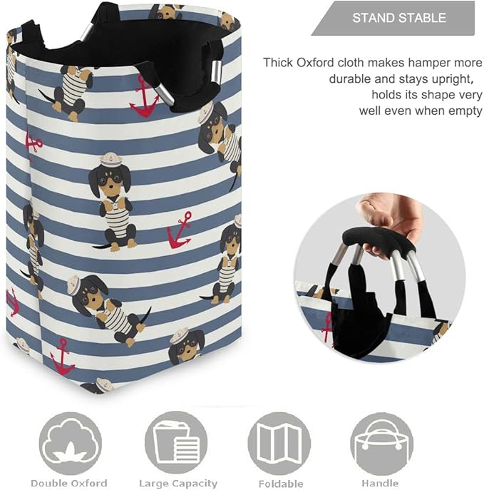 visesunny Collapsible Laundry Basket Dog Sailor Animal Anchor Blue Stripe Large Laundry Hamper with Handle Toys and Clothing Organization for Bathroom, Bedroom, Home, Dorm, Travel