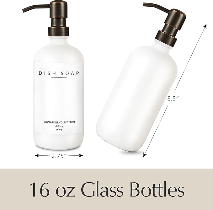 Emerson Soap Dispenser, Dish Soap Dispenser for Kitchen, Soap Dispenser Bathroom Set - Hand Soap Dispenser, Kitchen Soap Dispenser Set, Glass Soap Dispenser with Pump and Labels - 16 Oz | 2 Pack