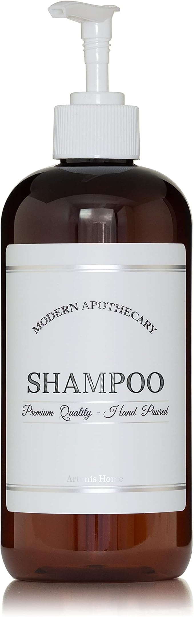 Amber PET Plastic Refillable Shampoo Pump Bottle Dispenser with White Plastic Pump, 16 oz Bathroom Bottle with Chrome Accent Waterproof Modern Apothecary Label, Reusable Shower Container
