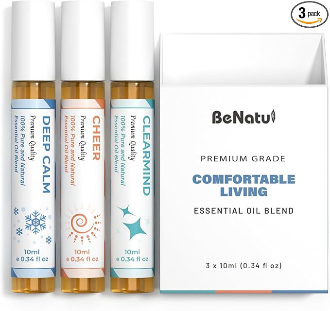 Essential Oil Set (Deep Calm, Cheer, ClearMind), Aromatherapy Roll On Blends for Massage, Body Care & Home Use, Great Fragrance Roller Gift for Men & Women