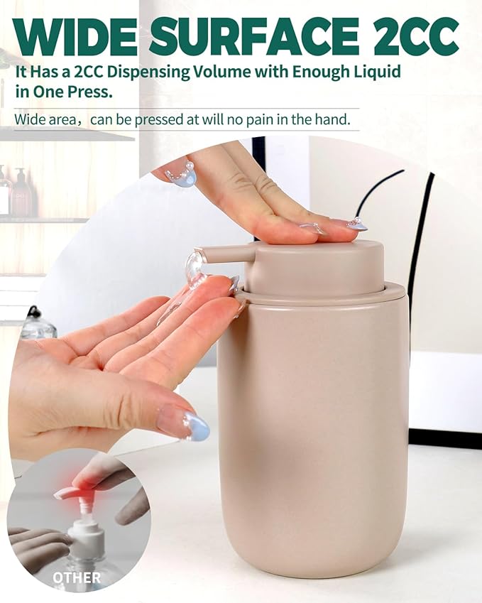 BosilunLife Lotion Pump Dispenser - Matte Khaki Soap Dispenser Bathroom Ceramic Dish Liquid Soap Dispenser for Kitchen, Bathroom Countertop Soap Dispensers (Khaki, Liquid Pump)