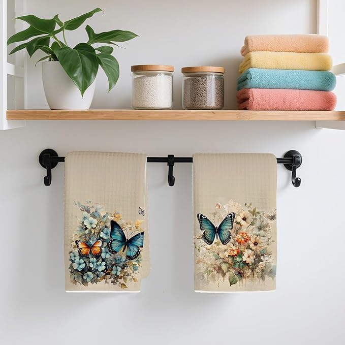 2 Pcs Vintage Floral Kitchen Towels, Artistic Butterfly Decorative Absorbent Microfiber Dish Cloth Tea Towel, Waffle Soft Hand Towels for Farmhouse Home Bathroom, Housewarming Gifts